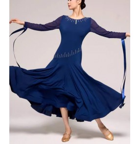 Women girls navy ballroom dance dresses for female gemstones waltz tango foxtrot smooth dance long gown with ribbon for female